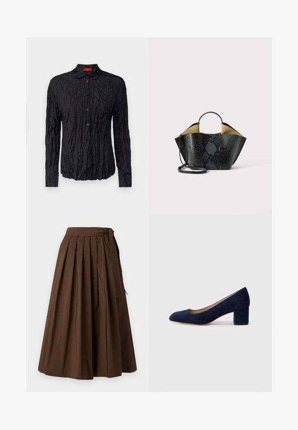Camisa negra de manga larga con textura arrugada, cierre de botones y cuello. Presenta una etiqueta roja en contraste en el cuello.; Falda plisada marrón hecha de tela con una textura suave, que presenta una cintura alta y un detalle de lazo en el lateral para el cierre.; Zapato de tacón de ante azul marino con punta afilada y tacón bloque de altura media. Textura suave con un ligero brillo y un pequeño corte en la parte delantera.; Bolso con diseño de serpiente en tonos negro y gris, de forma estructurada, con dos asas y una correa de hombro ajustable. Presenta un interior beige.