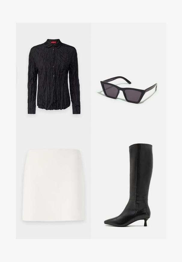 Maglietta nera a maniche lunghe con una texture stropicciata, chiusura a bottoni e colletto. Presenta un'etichetta rossa a contrasto sul collo.; Mini gonna bianca, aderente, con una texture liscia e linee pulite. Nessun motivo visibile o accessori. Orlo dritto sul fondo.; Zign Stivali alti - black; Occhiali da sole neri e angolari con lenti grigie; realizzati in plastica, con aste spesse dalla superficie liscia e senza hardware visibile.; Tommy Hilfiger ETERNITY MICRO TOTE MONO - Borsa a mano - universal grey