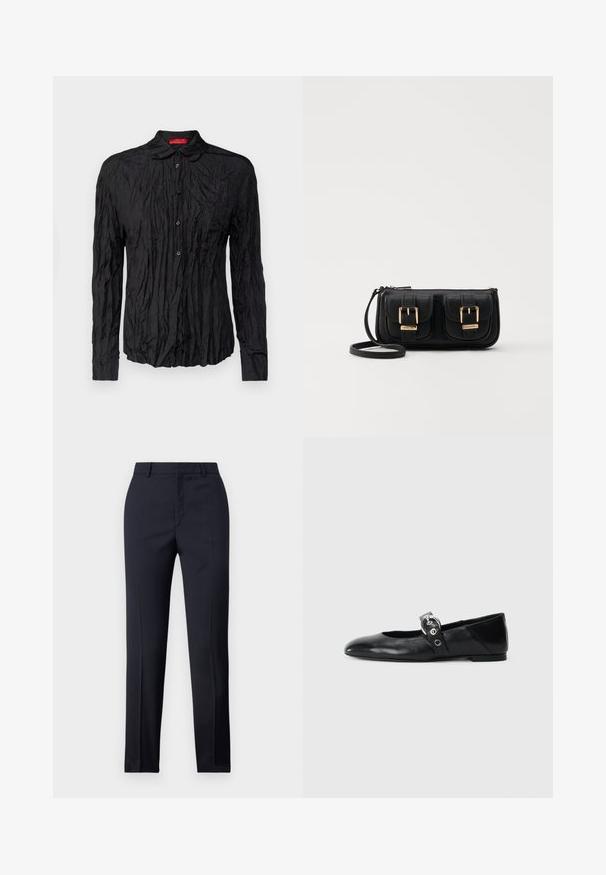 Zwarte langemouwen shirt met een gekreukt textuur, knoopsluiting en een kraag. Voorzien van een contrasterend rood label bij de hals.; Marineblauwe, op maat gemaakte broek met een rechte snit, met een gladde textuur, twee zijzakken en een schone tailleband.; Zwarte leren balletschoenen met een spitse neus, voorzien van een band met een ronde metalen gesp en een platte zool.; Zwarte leren schoudertas met twee vo pockets, gouden gespen, ritsluiting en een smalle band. Tekstuur oppervlak en compacte rechthoekige vorm.
