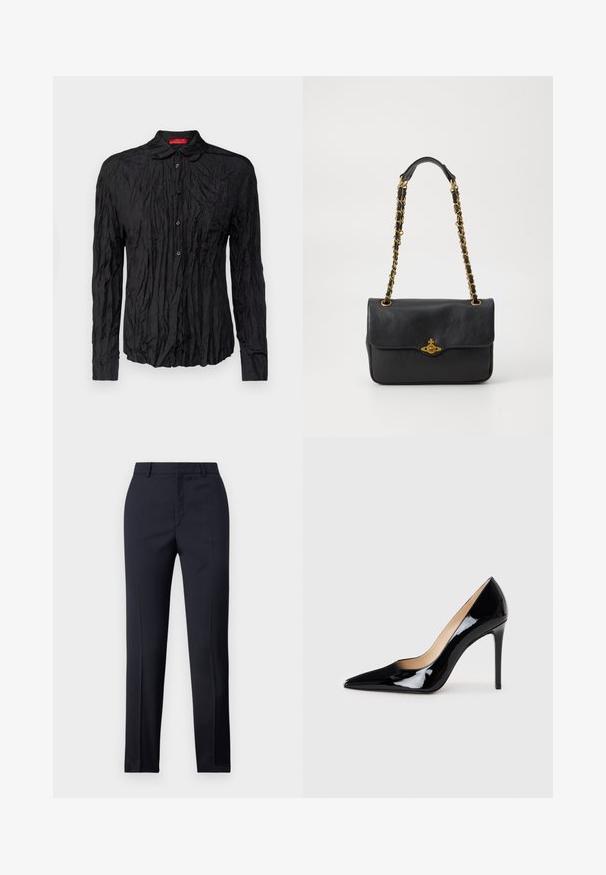 Schwarzes Langarmshirt mit gekräuselter Textur, Knopfverschluss und Kragen. Mit kontrastierendem rotem Etikett am Hals.; Marineblaue Tailored-Hosen mit geradem Schnitt, ausgestattet mit glattem Material, zwei frontalen Taschen und einem schlichten Bund.; Schwarze Lackleder-Pumps mit High Heels und spitzem Design sowie einer eleganten Silhouette. Verfügt über eine glatte, glänzende Oberfläche und einen schlanken Stiletto-Absatz.; Schwarze Ledertasche mit einer umklappbaren Klappe, goldfarbenem Kettenriemen und Logohardware-Detail auf der Vorderseite. Glatte Textur.