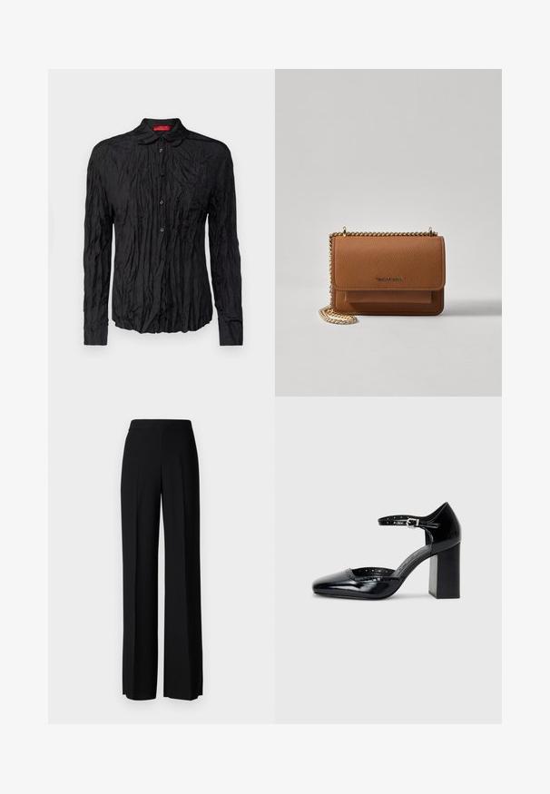 Juodas ilgomis rankovėmis marškinis su susiraukšlėjusia tekstūra, sagų uždarymu ir apykakle. Yra kontrastinga raudona etikete apačioje.; Juodi platūs kelnių kelnės su lygiu paviršiumi, turinčios aukštą liemenį ir centrinės raukšlės. Nėra matomų raštų ar metalinių detalių.; Juodos lakuotos aukštakulnės bateliai su kvadratine nosimi, kulkšnies dirželiu ir masyviu kulnu. Apima perforuotus detalizavimus aplink kraštą.; Ruda tekstūruota odinė per petį nešama rankinė su auksiniu grandininiu dirželiu ir užlenkiamo užsegimo. Priekinėje pusėje yra logotipo detalė ir kišenė po užlenkimu.