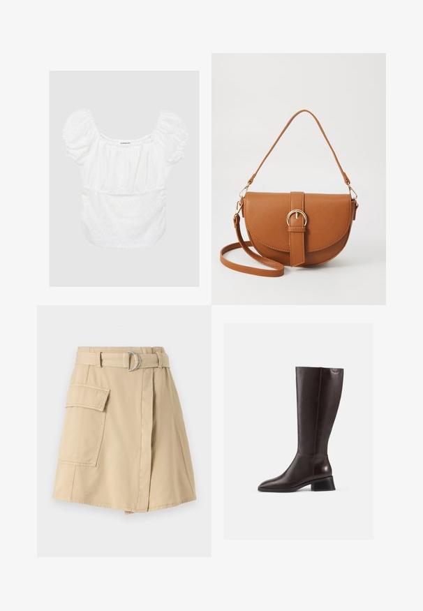 White blouse with puffed sleeves, floral eyelet pattern, elastic neckline and waistband, soft texture, and a relaxed fit. Brand tag visible.; Beige cotton skirt with a side pocket, belted waist featuring a silver ring, and a slight A-line shape. Smooth texture and simple design.; Knee-high brown leather boots with a smooth finish, rounded toe, and a stacked black heel. Simple design with minimal hardware details.; Brown leather crossbody bag with a curved shape, gold hardware, and a buckle accent. Features a detachable shoulder strap.