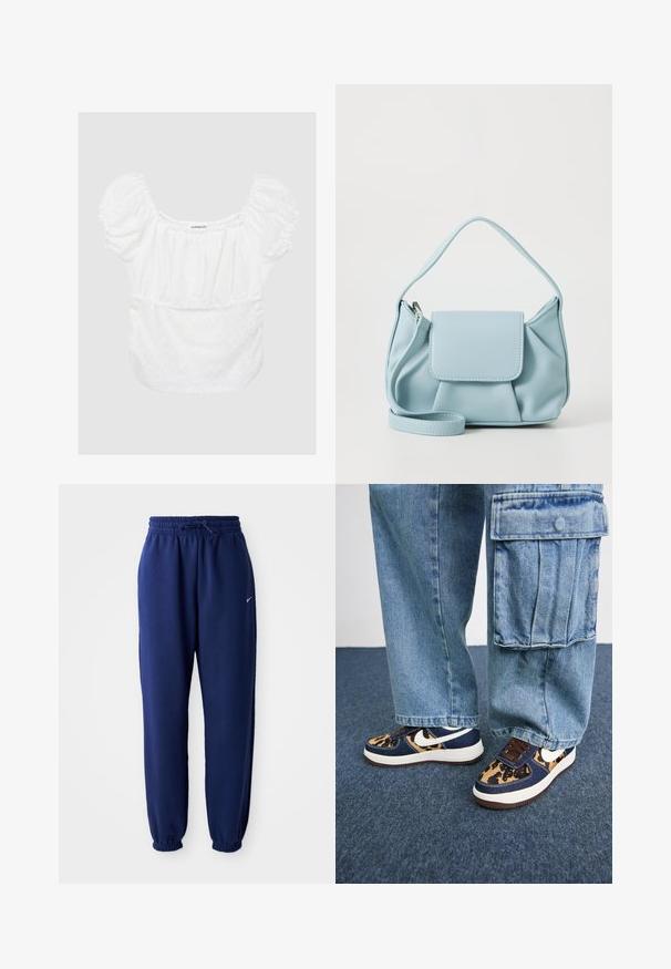 Bluză albă cu mâneci bufante, model floral din dantelă, decolteu și talie elastică, textură moale și croială lejeră. Eticheta brandului este vizibilă.; Pantaloni de sport bleumarin, confecționați dintr-un material moale, având o talie elastică cu șnur, manșete elastice și un mic logo alb.; Adidași bleumarin cu accente de leopard, sigla albă Nike, șireturi maro și talpă intermediară albă. Asortați cu pantaloni cargo din denim deschis.; Geantă din piele bleu deschis cu mânere de sus, buzunar frontal cu clapetă și curea detașabilă pentru încheietura mâinii, pe un fundal alb.