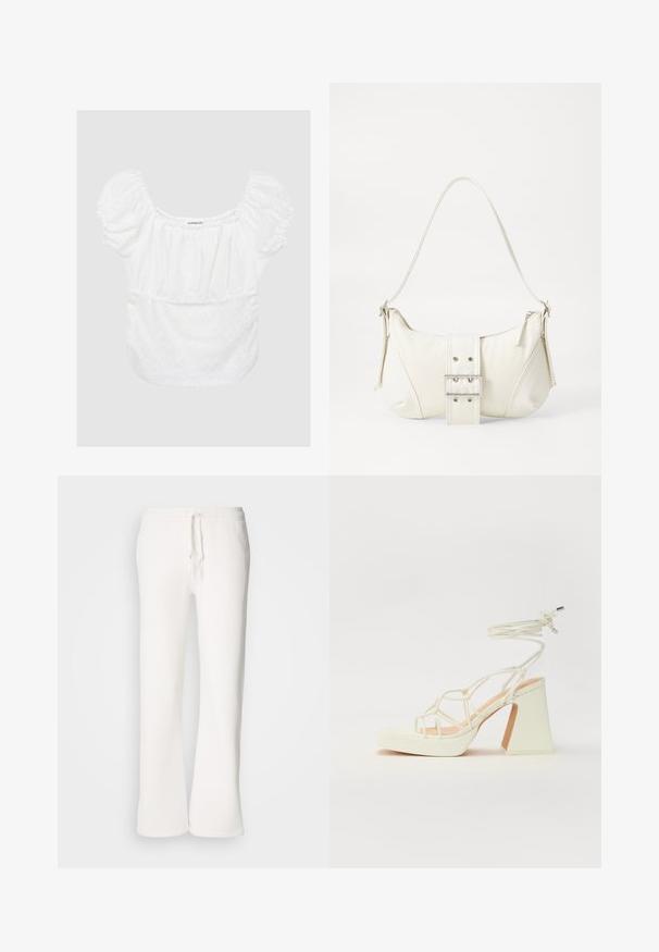 Hvit bluse med puffete ermer, blomstermønster i broderi, elastisk halslinning og midjebånd, myk tekstur, og en avslappet passform. Merket synlig.; Hvite, avslappede joggebukser laget av myk stoff, med elastisk liv med snor og rett ben-design.; Hvit høyhælte sandal med kraftig hæl, med en stroppe-design og ankelbånd. Glatt tekstur med plattform foran for ekstra høyde.; Hvit skulderveske med teksturert overflate, sentral spennefokus og buet form. Glidelåslukking på begge sider.