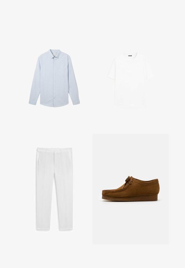 Světle modrá košile s dlouhým rukávem, zapínání na knoflíky, s tenkými bílými pruhy, klasickým límcem a náprsní kapsou na levé straně, vyrobená z bavlněné tkaniny.; Bílá bavlněná tričko s krátkými rukávy, kulatým výstřihem a rovný střih. Hladká textura bez viditelných vzorů nebo akcentů.; Bílé lněné kalhoty s rovnými střihy, které mají dvě přední kapsy a knoflíkovou légu. Hladká textura, žádné viditelné vzory nebo akcenty.; Hnědé semišové boty s kulatou špičkou a nízkým podpatkem, s detailním prošíváním podél švů a šněrováním vpředu. Měkká textura s elegantním designem.