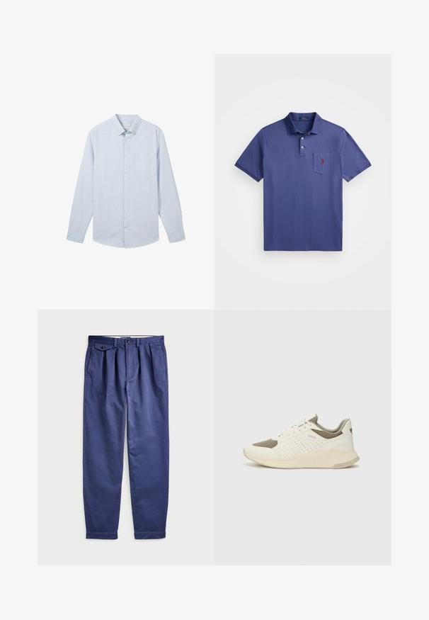 Világoskék, hosszú ujjú, gombos ing vékony fehér csíkokkal, klasszikus gallérral és bal oldali mellen elhelyezett zsebbel, pamut anyagból készült.; Lila pólóing, pamutból készült, háromgombos légzéssel, rövid ujjal és egy mellzsebbel, amelyen piros logó hímzés található.; Tengerészkék vászon nadrág laza szabással, elöl pliszékkel, két oldalsó zsebbel és gombos derékrésszel.; Fehér és világos bézs sportcipő, légies hálós felsőrésszel, perforált részletekkel és texturált középtalppal, amelyen a saroknál a márka logója található.