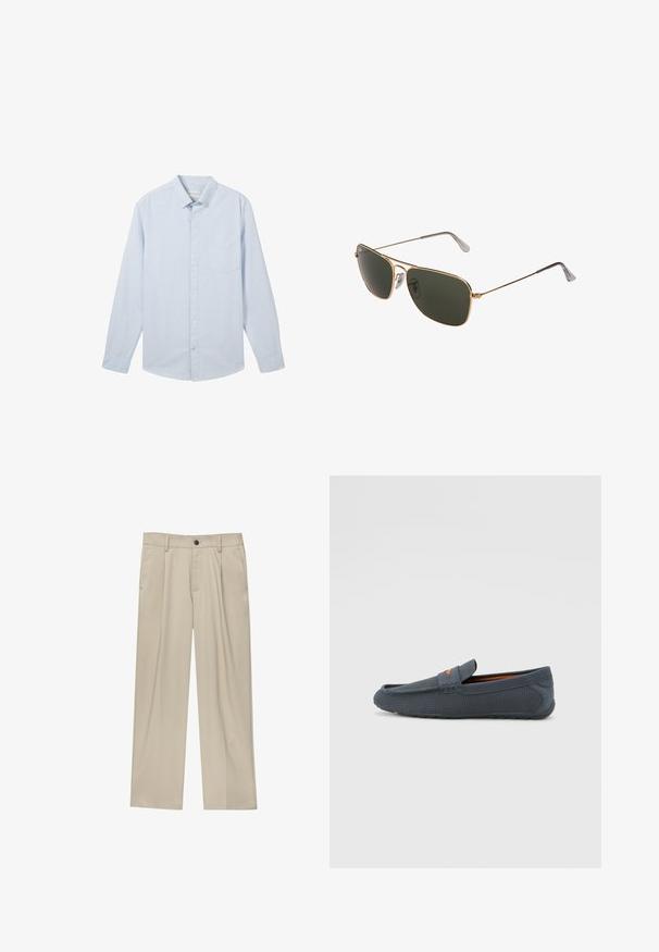 Világoskék, hosszú ujjú, gombos ing vékony fehér csíkokkal, klasszikus gallérral és bal oldali mellen elhelyezett zsebbel, pamut anyagból készült.; Beige egyenes szárú nadrág, egy fekete gombbal, övhurkokkal és oldalzsebekkel. Sima szövettextúra és minimális design.; Szürke perforált lófarok, slip-on kialakítással, narancssárga kiegészítővel, lekerekített orral és textúrált gumitalppal.; Aranyszínű fémből készült pilóta napszemüveg, nagy sötétzöld lencsékkel, vékony kerettel és áttetsző orrpárnákkal a kényelem érdekében.