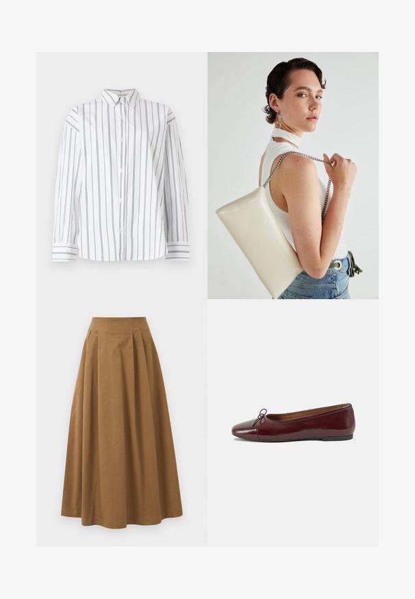 Camisa blanca de algodón con botón, con rayas verticales en náutica, cuello clásico y mangas largas con puños a rayas. Textura suave.; Falda de algodón marrón en corte A con una cintura alta, que presenta plisados en la parte frontal y una textura suave. Los acabados del dobladillo son limpios y simples.; Bailarina de charol burdeos con punta redonda, pequeño lazo en la parte frontal y una suela baja de goma negra. Textura suave.; Bolso de mano rectangular blanco, hecho de un material brillante, con una cadena plateada. La modelo posa, mostrando el bolso frente a un fondo liso.