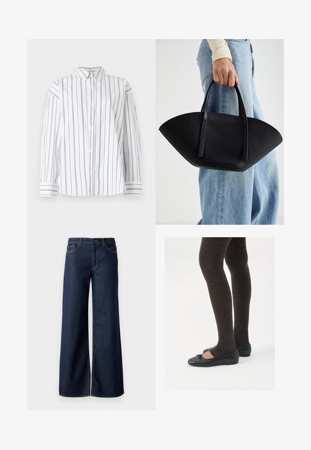 White cotton button-up shirt with vertical navy stripes, a classic collar, and long sleeves featuring striped cuffs. Soft texture.; Wide-leg jeans in dark blue denim. Features contrast stitching, five pockets, and a button closure at the waist. Smooth texture.; Black flat shoes with a small bow detail at the toe, paired with dark brown ribbed tights. Shoes have a smooth texture and low profile.; Black leather handbag with a unique fan shape, featuring flat handles. The surface has a pebbled texture and a minimalistic design.
