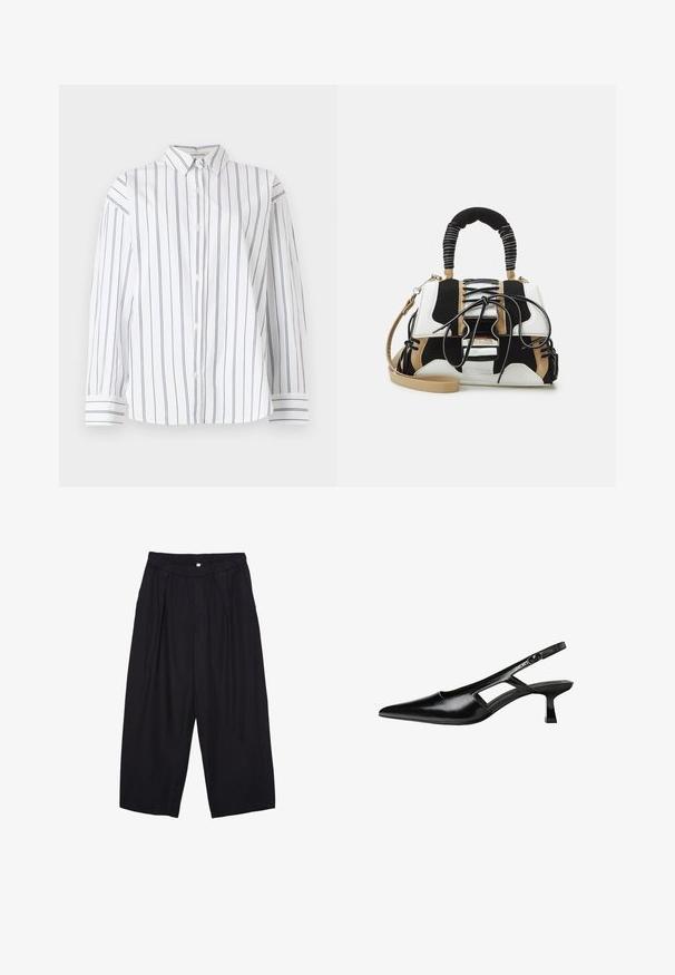 White cotton button-up shirt with vertical navy stripes, a classic collar, and long sleeves featuring striped cuffs. Soft texture.; Black polyester culotte pants with an elastic waistband, two front pleats, and a loose silhouette. No visible patterns or hardware details.; Black patent leather slingback heels with a pointed toe, cut-out side design, and a small square heel. Smooth texture with minimal accents.; Multicolored handbag with black, white, and beige mesh. Features a textured handle, lace-up design, and detachable shoulder strap.