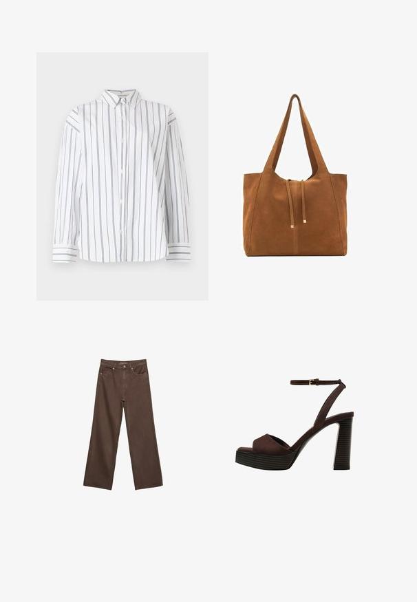 Camicia bianca in cotone con bottoni, con righe verticali blu navy, colletto classico e maniche lunghe con polsini a righe. Texture morbida.; Jeans a gamba larga marroni in denim, con vita alta, tasche anteriori e chiusura a bottone classica. Tessuto liscio con cuciture sottili.; Sandal in camoscio marrone con tacco alto, punta aperta, cinturino alla caviglia regolabile e suola a piattaforma striata.; Borsa a tracolla in suede marrone con due lunghe cinghie, chiusura con cordoncino e design minimalista. Texture liscia e senza elementi hardware visibili.