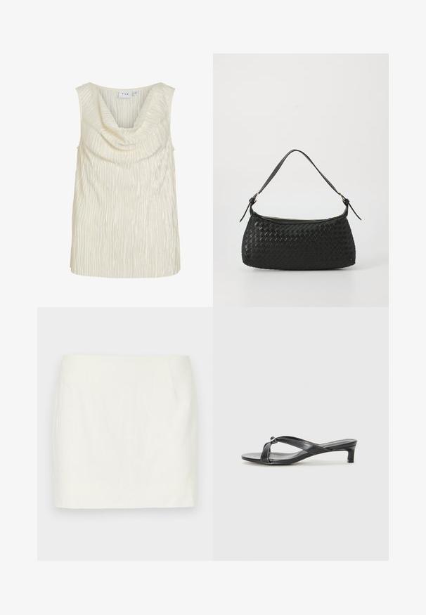 Top sin mangas en color crema con un escote drapeado y un patrón texturizado de canalé. Tejido suave con un ligero brillo.; Mini falda de lino blanco con corte recto, que presenta bolsillos laterales y una textura suave. Sin patrones ni acentos visibles.; Sandalias de tacón negro con diseño de tiras cruzadas en material sintético liso. Cuentan con un tacón bajo y un acento decorativo en la unión de las tiras.; Bolso de hombro tejido en negro con una correa de cuero suave y cierre de cremallera. Presenta una superficie texturizada y una forma curvada.