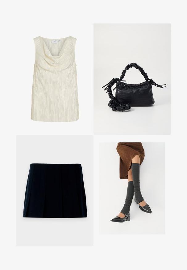 Bezramenný top v krémové barvě s volně zavěšeným výstřihem a texturovaným, žebrovaným vzorem. Hladká tkanina s lehkým leskem.; Černá plisovaná mini sukně vyrobená z látky. Má rovný pas a více vertikálních záhybů pro tvar a strukturu.; Černé lakované boty s špičatou špičkou, blokovým podpatkem a kotníkovým páskem, spárované s šedými žebrovanými návleky na nohy a hnědskou sukní z semiše.; Černá kabelka z umělé kůže s krokodýlím vzorem, staženým vrškem a zmačkaným popruhem. Zdá se, že má měkký a kompaktní design.