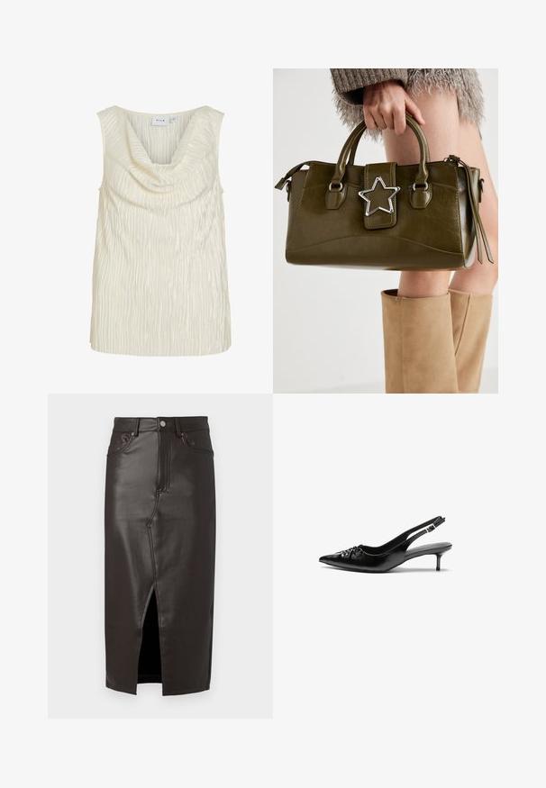 Sleeveless top in cream with a draped cowl neckline and a textured, ribbed pattern. Smooth fabric with a slight sheen.; Brown leather midi skirt with a front slit, five-pocket design, and metal button closure. Smooth texture and tailored fit.; Black leather slingback heels with a pointed toe, small kitten heel, and a decorative knot detail on the front. Smooth texture throughout.; Olive green faux leather handbag with silver star accent, dual handles, and a zip closure. Textured surface and structured shape.