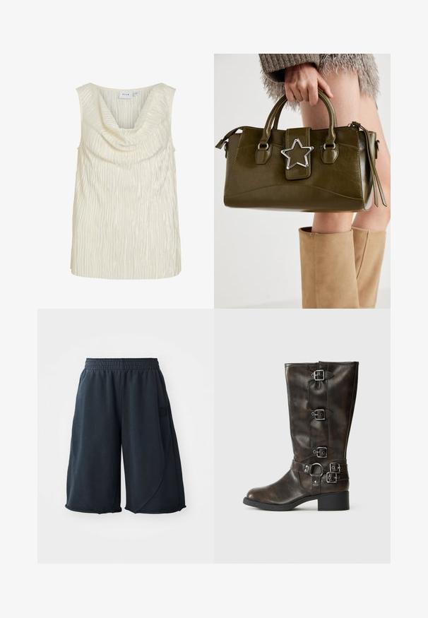 Top sem mangas em creme com um decote drapeado e um padrão texturizado em nervuras. Tecido suave com um ligeiro brilho.; Calções atléticos pretos feitos de um tecido suave, com um cós elástico e um patch de logótipo de lado. Textura suave com um corte solto.; Botas castanhas de couro até ao joelho, com múltiplos fechos de fivela, ponta redonda e um salto baixo e largo. Apresentam um acabamento texturizado e tiras ajustáveis.; Bolsa de mão em pele sintética verde oliva com detalhe de estrela prateada, alças duplas e fecho com zip. Superfície texturizada e forma estruturada.