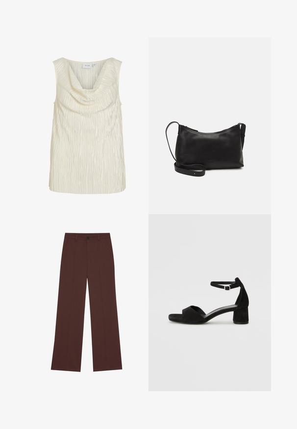 Sleeveless top in cream with a draped cowl neckline and a textured, ribbed pattern. Smooth fabric with a slight sheen.; Wide-leg trousers in a rich brown fabric. Features a button closure, two front pockets, smooth texture, and clean lines.; Black suede heeled sandals with a thin ankle strap, open toe design, and a modest block heel. Smooth texture and minimal accents.; Black leather shoulder bag with a smooth texture, curved shape, adjustable strap, and a zip closure. Minimalist design without embellishments.