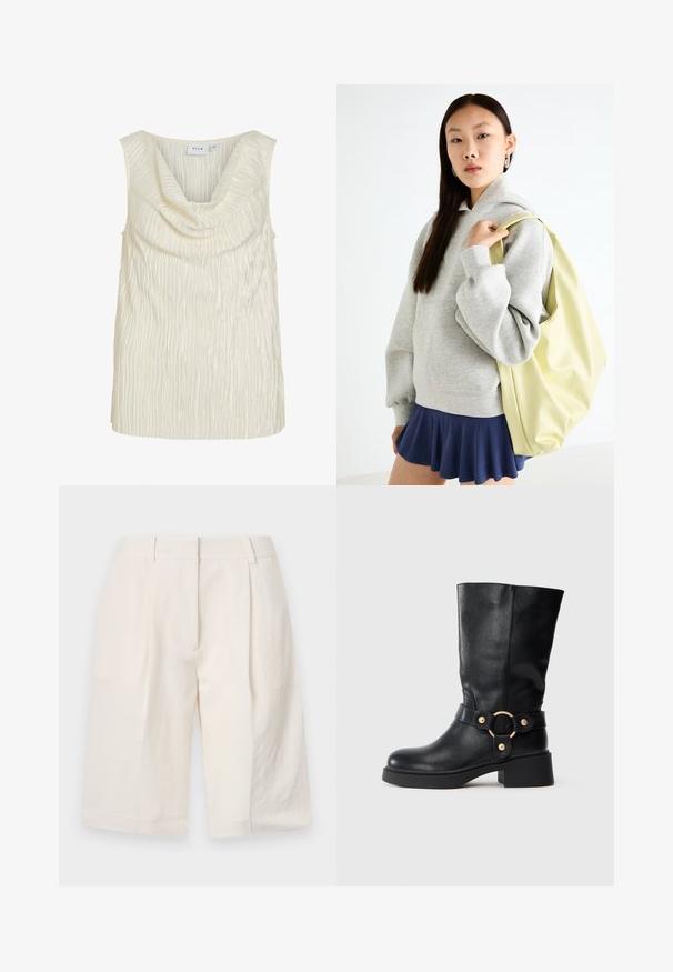 Top fără mâneci în crem, cu un decolteu în valuri și un model texturat, canelate.Țesătură fină cu o ușoară strălucire.; Shorts din in cu fir alb, cu un design tailored, față pliată și deschideri largi pentru picioare. Textură netedă și lungime până la mijlocul coapsei.; Botă de piele neagră până la jumătatea gambei, cu toc masiv și curea decorativă ce prezintă o cataramă circulară aurie, pe un fundal alb.; Hanorac oversized gri cu buzunar tip kangaroo, asociat cu o fustă albă cu volane de culoare bleumarin. Accesoriu: rucsac mare de un galben deschis, cu textură netedă.