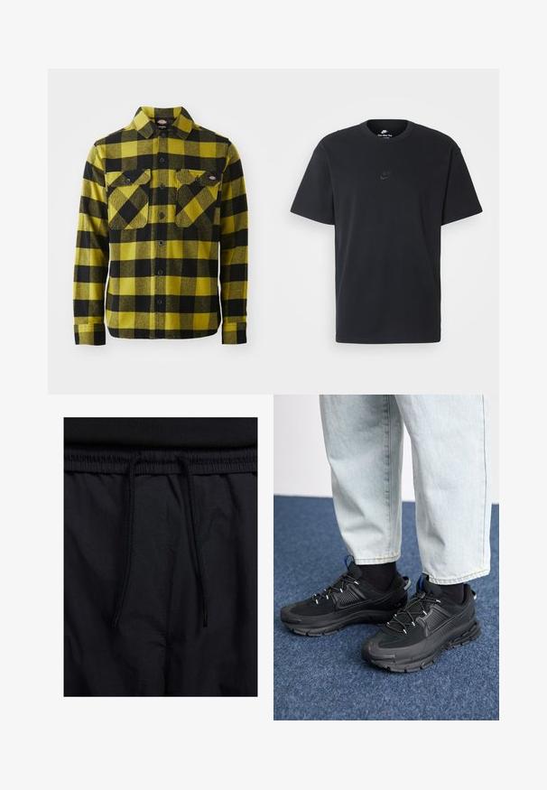 Camisa de flanela com um padrão quadriculado amarelo e preto, apresentando uma frente com botões, dois bolsos no peito e um colarinho. Tecido suave, mangas longas.; T-shirt de algodão preto da Nike com um clássico decote redondo, mangas curtas e um logótipo em relevo discreto no peito. Textura suave.; Calções pretos com um cós elástico ajustável, fabricados em tecido leve com uma textura suave e um design simples, sem logótipos ou padrões visíveis.; Sapatilhas desportivas pretas com tecido texturizado e solas em borracha, apresentando atacadores elásticos e um detalhe azul no calcanhar. Usadas com calças de ganga claras.