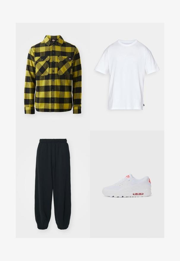 Flanelová košeľa so žltou a čiernou károvanou vzorom, s gombíkovým zapínaním, dvoma vreckami na hrudi a golierom. Mäkka textúra, dlhé rukávy.; Biela bavlnená tričko s krátkymi rukávmi a okrúhlym výstrihom. Obsahuje malé, jemné logo Nike na hrudi a božnú nálepku.; Čierne tepláky s elastickým pásom, vo voľnom strihu, s manžetami na členkoch, hladkej textúry a bez viditeľných vzorov alebo kovových doplnkov.; Biele športové tenisky s hladkým zvrškom, šnurovaním, polstrovanou podrážkou a viditeľnou vzduchovou jednotkou s červenými akcentmi na značení.