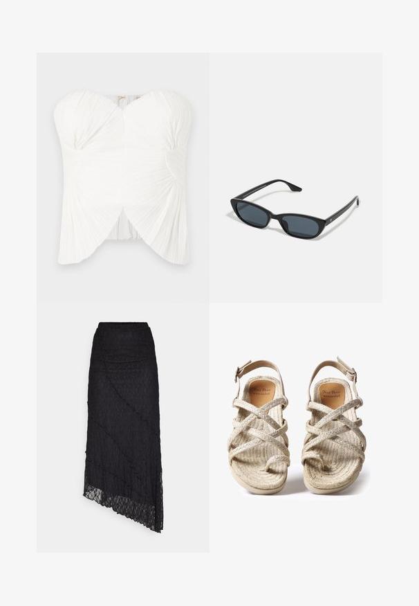 White strapless top with pleated fabric, curved neckline, and twist detail at bust. Smooth texture with a fitted silhouette and adjustable closure.; ONLY ONLKIM LACE SKIRT - Maxi skirt - black; Beige woven sandals with cross-strap design, made of textured natural fibers, featuring a flat sole and adjustable ankle strap.; Black cat-eye sunglasses with dark lenses, plastic frame, slim temples, and subtle branding on the inner arm. Matte finish texture.; White leather handbag with woven texture, long shoulder strap, zip closure, and a decorative logo. Features tassel accents on ends.