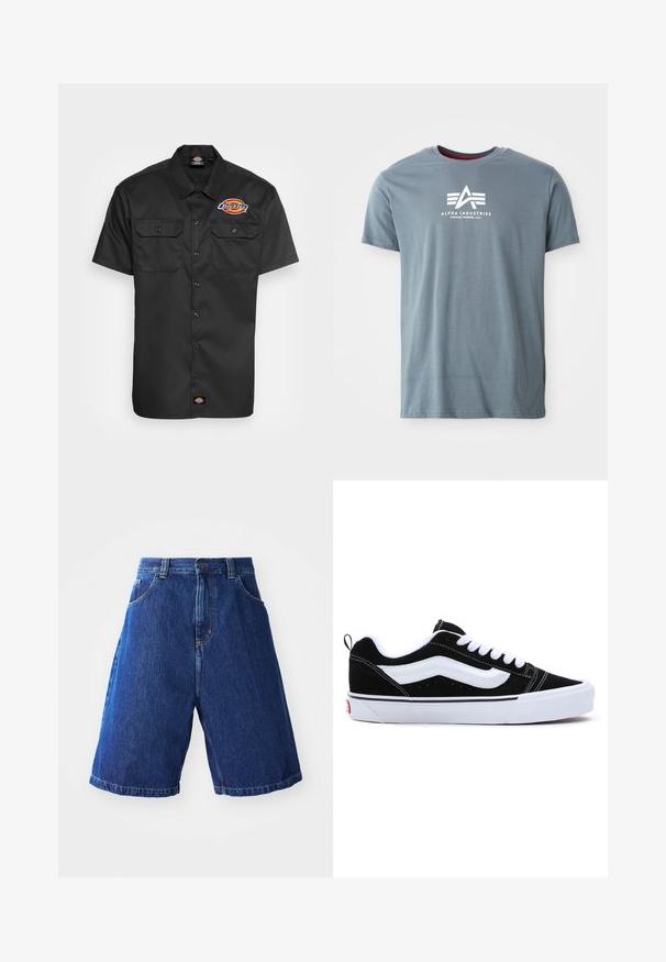 Maglietta nera a maniche corte in tessuto resistente, con due tasche sul petto, chiusura con bottoni e un logo colorato sul lato sinistro del petto.; T-shirt grigio in cotone con scollo rotondo e maniche corte. Fronte con logo bianco che presenta un design triangolare e testo.; Shorts in denim con lavaggio blu, caratterizzati da un'alta vita, due tasche frontali e cuciture gialle lungo le cuciture.; Sneaker nere in suede con accenti bianchi, caratterizzate da un design low-top, chiusura con lacci e una spessa suola in gomma bianca. Logo del marchio sul tallone.