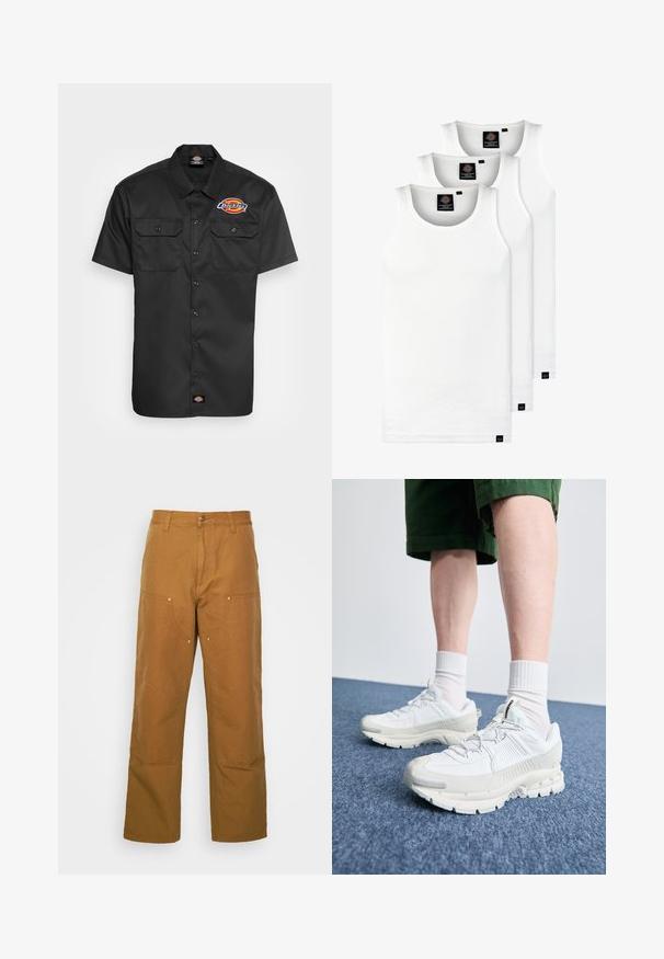 Īsa piedurkne melna krekla izgatavota no izturīga auduma, ar divām krūšu kabatām, pogām priekšpusē un krāsainu logo kreisajā krūtī.; Trīs baltas ribotas krūšturi, kas izgatavoti no kokvilnas. Iezīmēti ar apaļu kakla izgriezumu un maziem melniem etiķetēm tuvu apakšmalai. Pieejami vairākos izmēros.; Brūnas kokvilnas universālās bikses ar taisnu kāju dizainu, ar priekšējiem kabatām un metāla aksesuāriem, lai nodrošinātu papildu izturību.; Baltas sporta apavi ar teksturētām detaļām, masīvu zoli un pelēkiem akcentiem. Valkāti ar baltiem zeķu pēdu apģērbiem un zaļām šortiem uz zilas virsmas.