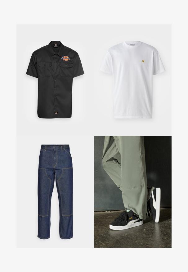 Lyhythihainen musta paita, joka on valmistettu kestävästä kankaasta. Paidassa on kaksi rintataskua, nappilista edessä ja värikäs logo vasemmassa rintataskussa.; Valkoinen puuvillapaita lyhyillä hihoilla, pyöreä kaula-aukko, jossa on pieni kultainen logo vasemmassa rintapielessä. Pehmeä kangas ja normaali istuvuus.; Tummansiniset farkut, joissa on korkea vyötärö, suora lahje, eriväriset ompeleet ja etupuolella pakki-taskut.; Mustat mokkakengät, joissa on valkoiset kumipohjat ja sivuraitoja, yhdistettynä vaaleanvihreisiin cargo-housuihin, seisoen tummalla teksturoidulla pinnalla.