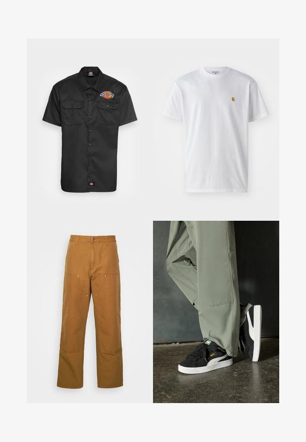 Czarna koszula z krótkim rękawem, wykonana z trwałego materiału, z dwiema kieszeniami na piersiach, zapięciem na guziki oraz kolorowym logo na lewej piersi.; Biała bawełniana koszulka z krótkim rękawem, okrągłym dekoltem, z małym złotym logo na lewej części klatki piersiowej. Miękka textura i regularny krój.; Brązowe bawełniane spodnie robocze o prostym kroju, z przednimi kieszeniami i metalowymi elementami dla dodatkowej wytrzymałości.; Czarne zamszowe trampki z białymi gumowymi podeszwami i bocznymi paskami, w połączeniu z jasnoszarymi spodniami cargo, stoją na teksturowanej ciemnej powierzchni.