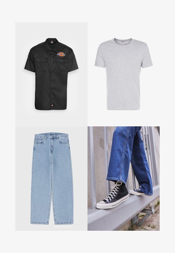 Short-sleeve black shirt made of durable fabric, featuring two chest pockets, button front, and a colorful logo at the left chest.; Gray cotton t-shirt with a crew neck, short sleeves, and a plain design, featuring a soft, smooth texture and no visible patterns or embellishments.; Light blue denim jeans with straight leg design, featuring a mid-rise waist, five pockets, and a button and zipper closure.; Black high-top sneakers with white sole and laces, paired with loose blue denim jeans, resting on a gray railing.