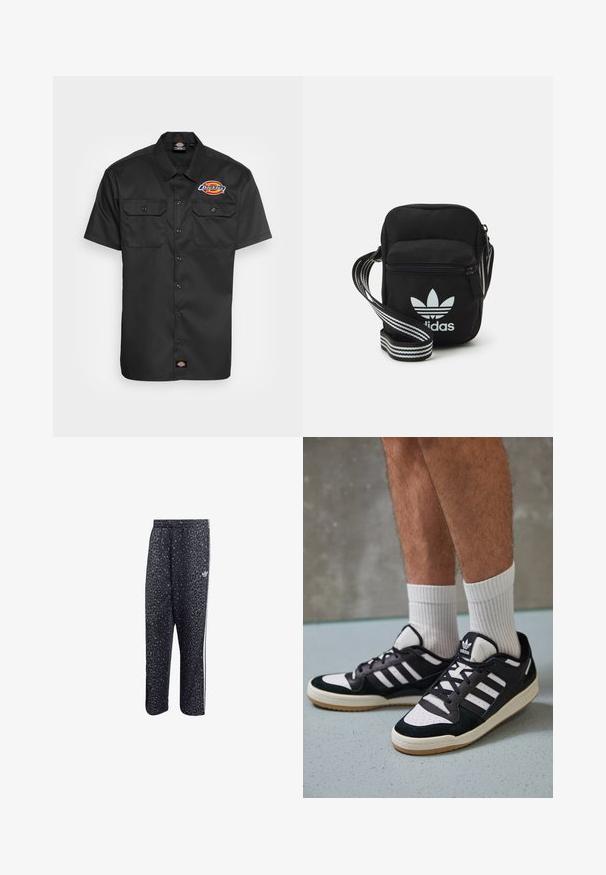 Trumpas rankovėmis juodas marškinys pagamintas iš tvirtos medžiagos, su dviem krūtinės kišenėmis, mygtukų uždarymu ir spalvingu logo kairėje krūtinės pusėje.; Juodi sportiniai keliai su leopardų raštu, su baltu trijų juostų dizainu ir sportinės prekinio ženklo logo šone.; Juodos ir baltos sportinės bateliai su zomšiniu ir odiniu viršumi, su trimis baltomis juostelėmis, perforuota koja ir guminėmis padais.; Juodas audinio per petį nešiojamas krepšys su užtrauktuku, turintis baltą Adidas logotipą ir dryžuotą reguliuojamą diržą patogiam nešiojimui.