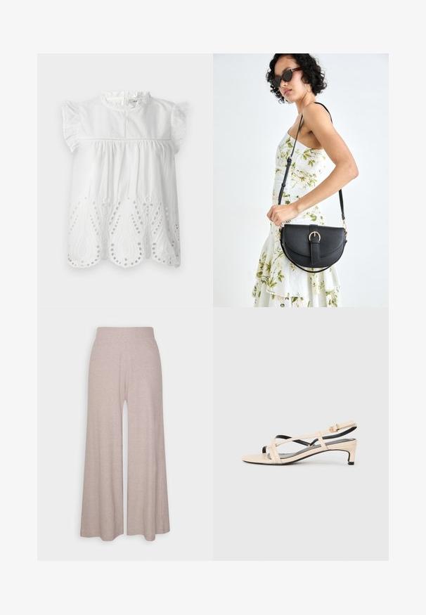 Hvid bomuldsbluse med flæsekappeærmer, høj krave og broderet hulmønster i bunden i et paisley-mønster.; Lys grå bredbenede bukser lavet af blødt ribbet stof, med høj talje og fuldlængde ben med subtil tekstur.; Beige læder slingback sandal med krydsede stropper, lav hæl og sorte detaljer. Glat tekstur og minimalistisk design.; Sort læderhåndtaske med en buet form, aftagelig rem og guldfinish. Tasken har en klap med en spænde detalje.