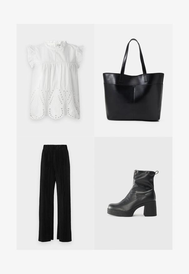 Blusa branca de algodão com mangas bufantes em camadas, gola alta e detalhes bordados em ilhós na barra com um padrão paisley.; Calças pregueadas pretas com uma cintura elástica. Apresentam pernas largas e um tecido liso, texturizado com riscas verticais.; Botas de tornozelo pretas feitas de couro liso, com fecho lateral, salto grosso texturizado e design de bico arredondado.; Bolsa tote preta em couro com duas alças longas, textura suave e forma estruturada. Apresenta um bolso frontal para armazenamento adicional.