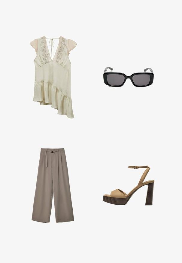 Svjetlosmeđa bluzica s prozirnim rukavima s točkicama, V-izrezom, cvjetnim vezom na tijelu i asimetričnom volančićem.; Široke hlače u mekoj, prigušenoj sivoj tkanini, s remenom na struku i plisiranim detaljima za dodatni dizajn. Glatka tekstura, bez uzoraka.; Beige suedirane sandale s visokim potpeticama, širokom prednjom trakom i trakicom oko gležnja, s debelom drvenom blok-potpeticom s teksturiranim završetkom.; Crne pravokutne sunčane naočale s tamnim lećama, glatkim plastičnim okvirom i zakrivljenim državama. Dizajn je masivan s minimalističkom estetikom.