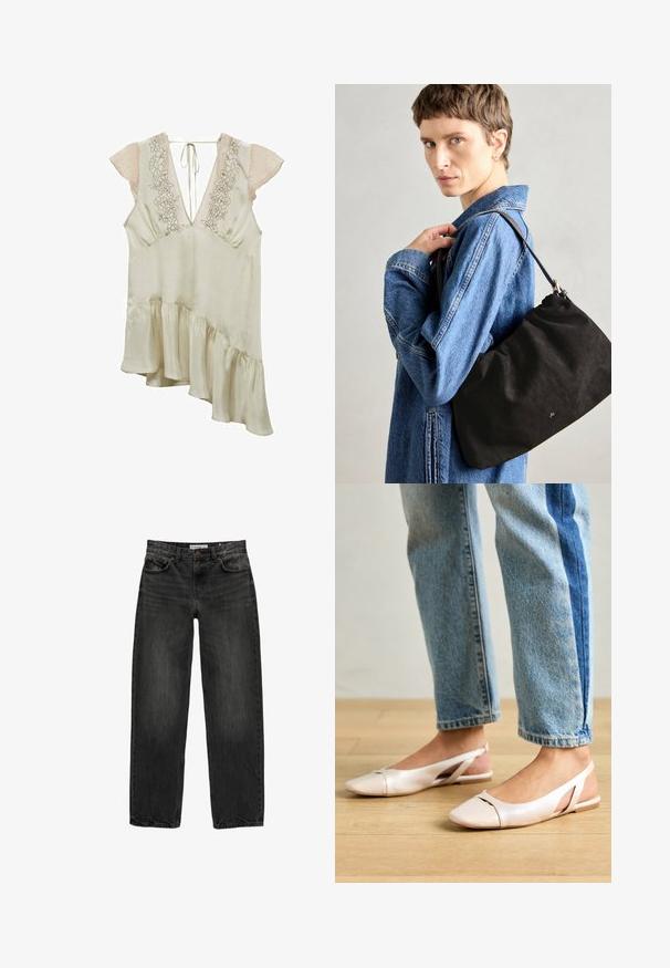 Lichtbeige blouse met doorschijnende mouwen met stippen, V-hals, bloemenborduursel op het lijfje en asymmetrische gerimpelde zoom.; Zwarte denim jeans met een relaxte pasvorm, rechte pijpen, vijf-pocket ontwerp en een licht vervaagde textuur. Knop- en ritssluiting aan de voorkant.; Zachtroze slingback ballerina's met een spitse neus, gemaakt van een glad leerachtig materiaal. Bevat uitsnijdingen aan de zijkanten en heeft een platte hak.; Zwarte suède handtas met een zachte, gestructureerde vorm, voorzien van een slanke leren schouderband en een subtiel merklogo. Model draagt een spijkerjack.