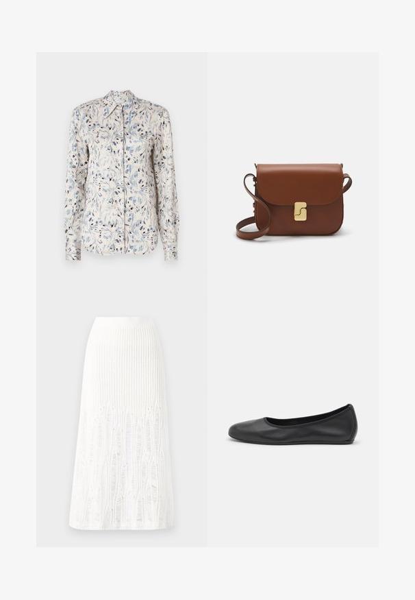 Long-sleeve shirt in light cream fabric featuring a blue floral pattern with dark accents and a pointed collar. Button-front design.; Knit white midi skirt featuring a textured pattern with vertical lines and cut-out details near the hem. Elastic waistband. Soft material.; Black leather ballet flat with a rounded toe, smooth texture, minimal stitching detail, and a flexible sole design.; Brown leather handbag with a flap closure, gold-tone hardware, a shoulder strap, and a smooth texture. Compact rectangular shape.