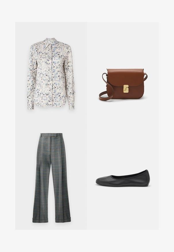 Hosszúujjú ing világos krémszínű anyagból, kék virágmintával, sötét részletekkel és hegyes gallérral. Gombos előlapi kialakítás.; Kockás nadrág kék, szürke és narancssárga színkombinációval, széles lábakkal és éles gyűrődésekkel; texturált anyagból készült.; Fekete bőr balettcipő lekerekített orral, sima tekstúrával, minimális varrással és rugalmas talp kialakítással.; Barna bőr kézitáska, hajtókás zárással, arany színű fém kiegészítőkkel, vállpánttal és sima felülettel. Kompakt téglalap alakú.
