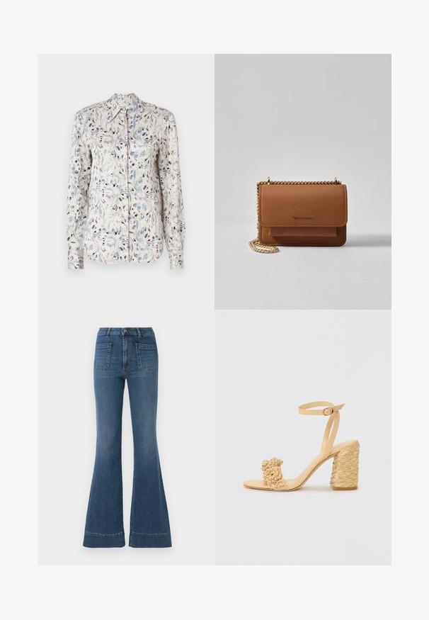 Langærmet skjorte i lysekræmfabrik med et blåt blomstermønster med mørke accenter og en spids krave. Knapfrontdesign.; Bredde blå jeans i en medium vask med høj talje, fem lommer og let falmning ved knæene og lårene.; Beige høje hæle sandaler med en fletstruktur, der har en dekorativ blomst og ankelrem. Det firkantede hæl giver stabilitet.; Brun tekstureret læder crossover-taske med guldkæde-rem og klaplukning. Forsiden har logo-detalje og en lomme under klappen.
