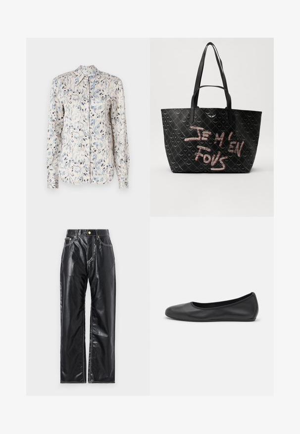 Pitkähihaista paitaa vaaleasta kermakankaasta, jossa on sininen kukkakuosis ja tummat yksityiskohdat sekä päätä korostava kaulus. Napitetun etuosan malli.; Mustat tekonahkahousut, joissa on leveä lahje, valkoiset tikkaukset, etutaskut ja kultaa oleva nappi vyötäröllä.; Musta nahkainen ballerina, jossa on pyöristetty kärki, sileä pinta, minimaalinen ommelkoristelu ja joustava pohjamuotoilu.; Musta olkalaukku, jossa on teksturoitu materiaali ja timanttikuvio, olkahihnat sekä rohkeaa punaista ja valkoista tekstiä, jossa lukee "JE M'EN FOUS."