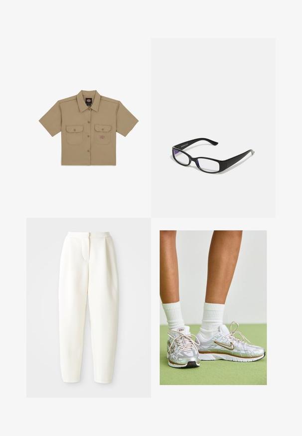 Dickies WORK CROPPED - Nööpidega pluus - khaki; Kõrge vöökoht ja kitsenevad valged püksid peidetud esiklõike ja küljetaskutega, esitlemine lihtsa valge tausta ees.; Hõbedased spordijalatsid, millel on valged ja kuldsed aktsendid, kaetud sõrestikuga ülemise osa, kummist tallaga ning peegeldava viimistlusega. Sokid paistavad üle pahkluude.; Mustad mustad prillid selgete läätsedega. Läikiv viimistlus, kitsad vars, ja läätsede servadel on nähtav lilla varjund.