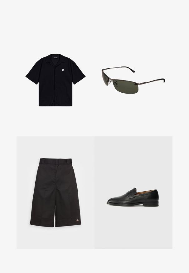 Czarna koszula z krótkim rękawem na guziki, wykonana z teksturowanej tkaniny, z wywijanym kołnierzem i małym haftowanym logo po lewej stronie klatki piersiowej.; Biała bawełniana koszulka bez rękawów z okrągłym dekoltem, charakteryzująca się gładką fakturą i dopasowanym krojem, zaprojektowana do noszenia na co dzień.; Czarne bawełniane szorty o prostym kroju, do kolan, z widocznym logo marki na dole oraz gładką fakturą.; Czarne skórzane mokasyny z zaokrąglonym noskiem, subtelnymi przeszyciami i niskim obcasem, charakteryzujące się gładką teksturą i minimalistycznym designem.; Okulary przeciwsłoneczne z ciemnozielonymi soczewkami, elegancką metalową ramką, zakrzywionym kształtem i regulowanymi noskami. Posiadają cienkie, czarne zauszniki.