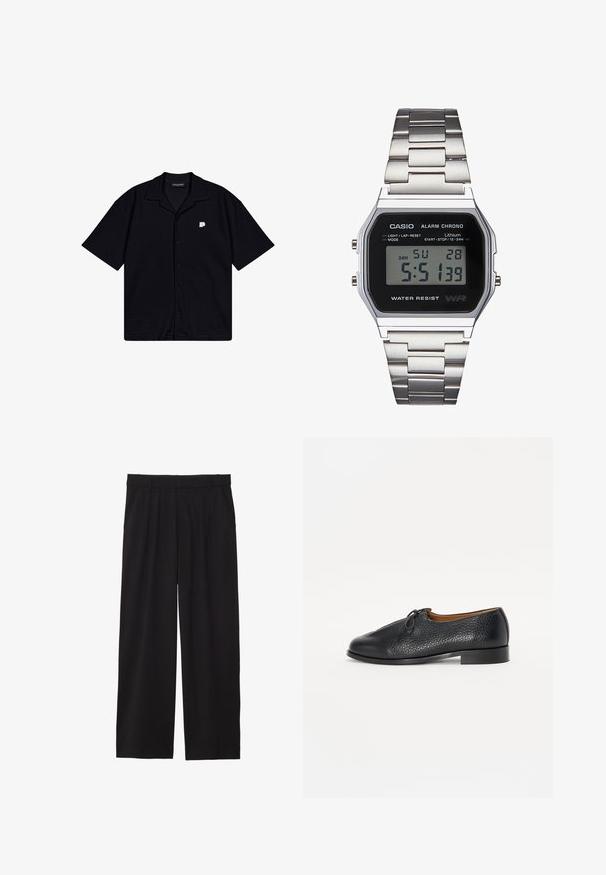 Czarna koszula z krótkim rękawem na guziki, wykonana z teksturowanej tkaniny, z wywijanym kołnierzem i małym haftowanym logo po lewej stronie klatki piersiowej.; Czarne spodnie w stylu szerokich nogawek z plisowanym przodem, bocznymi kieszeniami i gładką teksturą materiału. Zaprojektowane w luźnym kroju.; Czarna skórzana pantofel z teksturowanym wykończeniem, okrúgłym noskiem i małym akcentem w postaci kokardy na cholewce. Posiada niski, solidny obcas.; Cyfrowy zegarek Casio z czarną tarczą, srebrnym stalowym paskiem, prostokątną obudową oraz przyciskami do podświetlenia, resetowania okrążeń i zmiany trybów.
