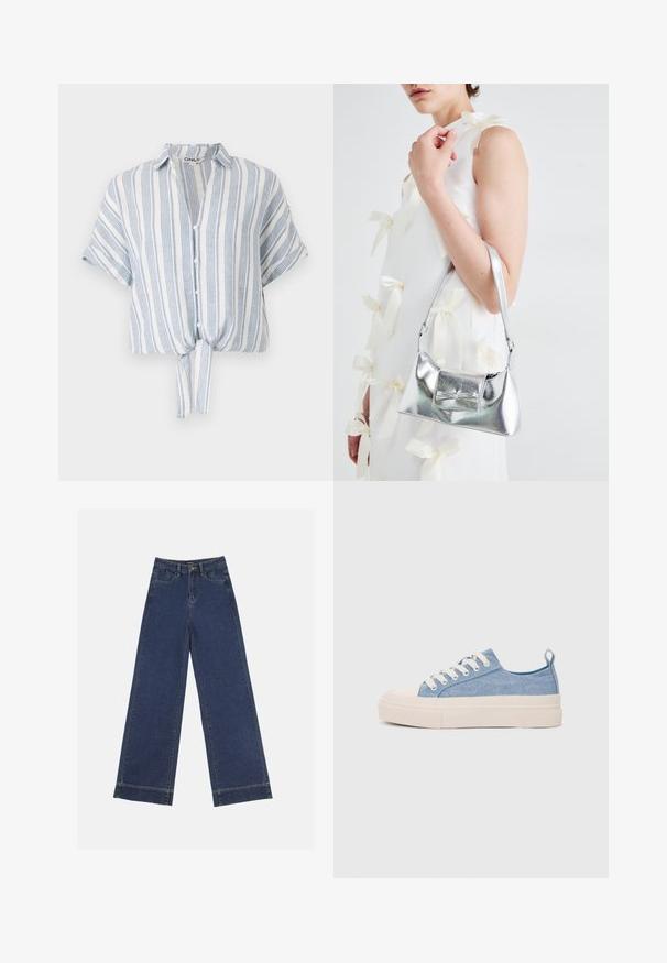 Trumpas rankovėmis, pasiekantis liemenį marškinėliai iš lengvos medžiagos, puikuojantis mėlynomis ir baltomis vertikaliomis juostelėmis, su mygtukais priekyje ir su rišama detale ties juosmena.; Plati džinsai tamsiai mėlynos denimo. Yra penki kišenės, diržo kilpos ir apatinė briauna su matomais siuvimo detalėmis.; Šviesiai mėlyni drobės sportbačiai su kreminiu guminiu pirštų apsaugos ir pado elementu, balti raišteliai ir kilpa ant kulno.; Sidabrinė metalinė rankinė su struktūrizuota forma, turinti viršutinę rankeną ir kaspiną priekyje. Lygi tekstūra, atspindinti apdaila.