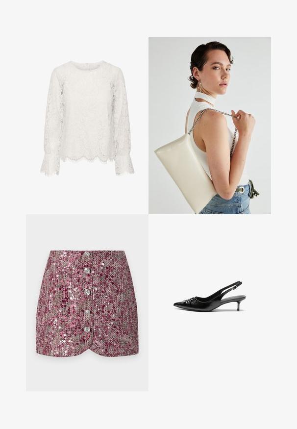 Top in pizzo bianco con maniche lunghe, scollatura rotonda, orlo ondulato con bordi frangiati e motivo floreale in pizzo su tutta la superficie.; Gonna rosa in paillettes con una trama testurizzata, caratterizzata da un design aderente e cinque bottoni argentati sul davanti. Orlo sagomato e dettagli scintillanti.; Tacchi slingback in pelle nera con punta affusolata, piccolo tacco kitten e un dettaglio a nodo decorativo sulla parte anteriore. Texture liscia su tutta la superficie.; Borsa a pochette rettangolare bianca realizzata in materiale lucido, con una tracolla in catena argentata. Il modello posa, mostrando la borsa su uno sfondo semplice.