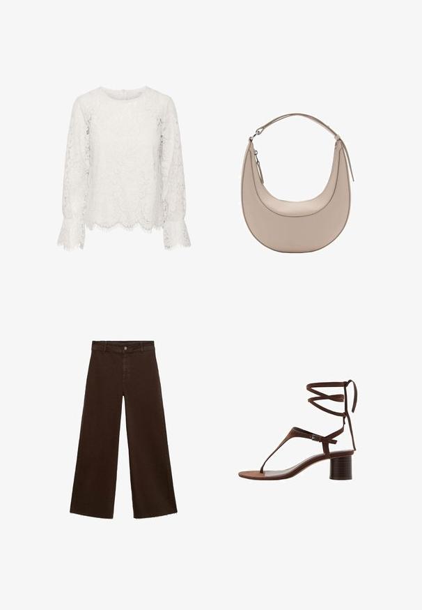 Bijela čipkana bluzica s dugim rukavima, okruglim izrezom, valovitim rubom s resicama i cvjetnim uzorkom čipke kroz cijeli dio.; Smeđe široke hlače od pamuka, s raspucanim rubom, prednjim kopčanjem na dugme i klasičnim dizajnom s pet džepova. Minimalističke i svestrane.; Smeđe suède sandale s visokom petom s trokutastim remenom za prste, vezanjem oko gležnja i teksturiranom blok petom za stabilnost.; Bež kožna torba za rame u obliku polumjeseca, glatke teksture i s jednim zakrivljenim ručkom. Sadrži zatvor na zip i uredno šivenje.