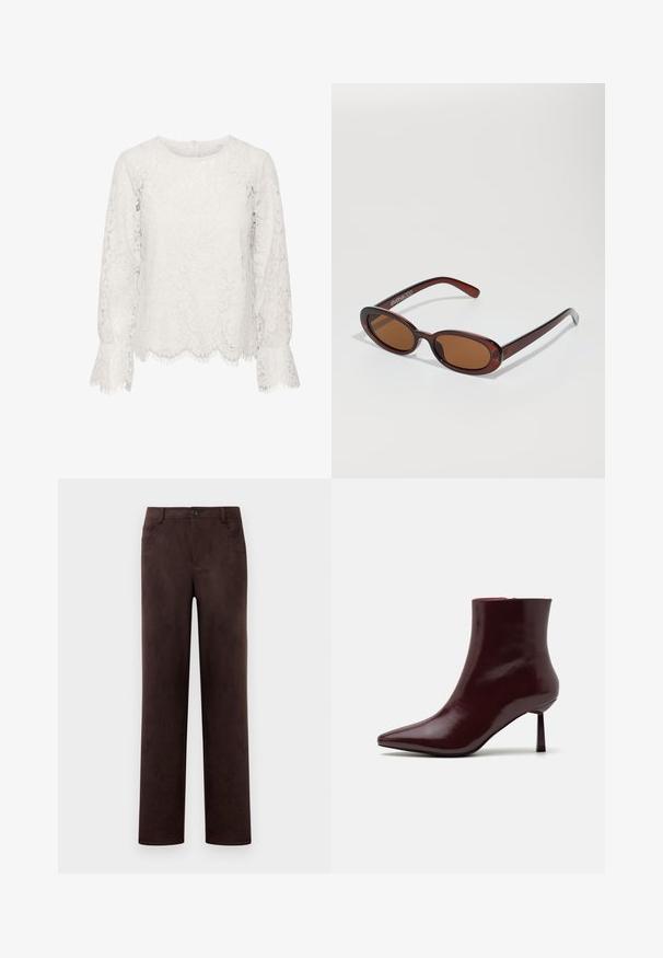 Fehér csipkés felső, hosszú ujjal, kerek nyakkivágással, fodros aljjal, frufrus szélekkel és virágos csipkés mintázattal.; Egyenes szárú, sötétbarna velúr nadrág elöl gombbal és cipzárral, övhurkokkal és oldalsó zsebekkel.; Burgundi színű, lakkozott bőrből készült bokacsizma, hegyes orral és karcsú stiletto sarokkal, sima, fényes textúrával és minimalista dizájnnal.; Kerek, barna árnyalatú napszemüveg fényes burgundi kerettel. Karcsú karok diszkrét márkázással. Lapos lencse kialakítás.; Szövetből készült bordó kézitáska, lekerekített formával és egyetlen füllel, amelynek texturált felülete van és rugalmas zsinórzárja.