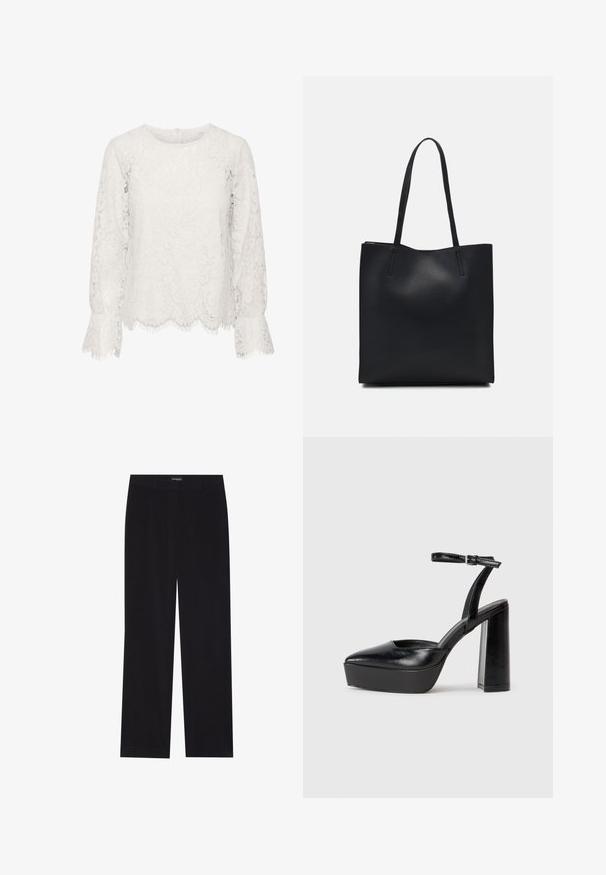 White lace top featuring long sleeves, round neckline, scalloped hem with fringed edges, and floral lace pattern throughout.; Black corduroy trousers with a straight cut, featuring a flat waistband and no visible pockets, smooth texture, and vertical ribbing detail.; Black platform heels with a pointed toe and adjustable ankle strap. Constructed from smooth leather, featuring a chunky block heel.; Black leather tote bag with smooth texture, rectangular shape, and two long handles. No visible hardware or embellishments.