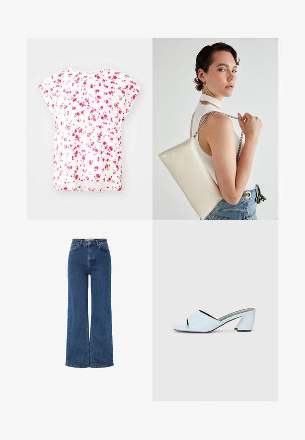 Fehér felső rózsaszín árnyalatú virágmintával, rövid dolman ujjakkal, laza szabással és kerek nyakkivágással. Texturált anyag részlete.; Magas derekú kék farmernadrág széles szárakkal, hagyományos öt zsebes kivitelben, fém gombos záródással és kontrasztos varrással.; Világoskék, nyitott orrú, sarkú mules cipő geometrikus mintázattal, széles pánttal a lábfejen és tömzsi, szögletes sarkal.; Fehér, téglalap alakú, fényes anyagból készült clutch táska, ezüst láncos pánttal. A modell pózol, bemutatva a táskát egy egyszínű háttér előtt.