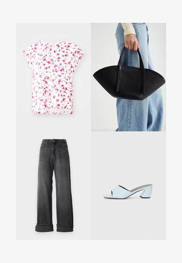 Witte top met een bloemenpatroon in roze tinten, korte dolmanmouwen en een losse pasvorm met een ronde halslijn. Geweven stofdetail.; Wijdvallende spijkerbroek van donkergrijs denim, met een hoge taille, vijf zakken en opgerolde mouwen voor extra detail. Geweldige textuur met subtiele vervagingen.; Lichtblauwe open teen hakmules met een geometrisch ontwerp, voorzien van een brede band over de voet en een forse, hoekige hak.; Zwarte leren handtas met een unieke waaier vorm, voorzien van platte handvatten. Het oppervlak heeft een gewelfde textuur en een minimalistisch ontwerp.