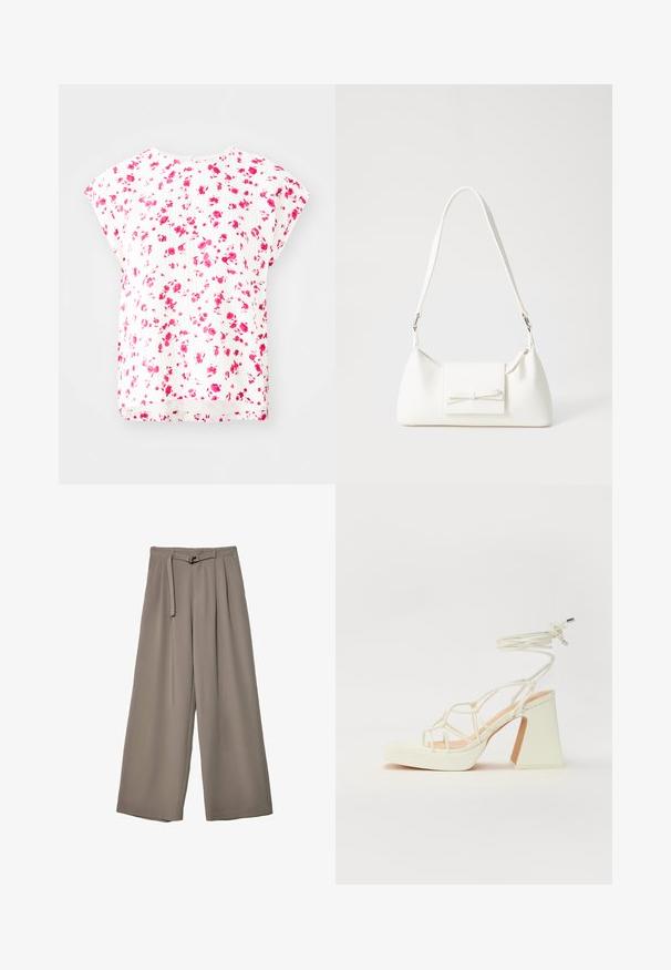 White top featuring a floral pattern in pink tones, short dolman sleeves, and a relaxed fit with a rounded neckline. Textured fabric detail.; Wide-leg trousers in a soft, muted grey fabric, featuring a belted waist and pleats for added design detail. Smooth texture, no patterns.; White high-heeled sandal with a chunky heel, featuring a strappy design and ankle tie. Smooth texture with a platform front for added height.; White synthetic handbag with a triangular shape, flat front flap and bow detail, adjustable strap, smooth texture, and minimalistic design.