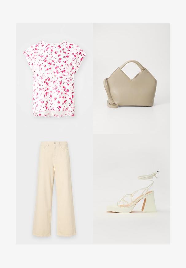 Valge topp, millel on roosade tooni lillede muster, lühikesed dolman-sleeved varrukad ja mugav lõige ümmarguse dekolteega. Tekstuuriga kangadetail.; Bežid laiad teksad, mis on valmistatud puuvillast. Omab nööbilukku, vöökohakujusid ja eesmine taskuid, millel on sile ja pehme tekstuur.; Valged kõrge kontsaga sandaalid, millel on paks konts ja rihmadega disain koos pahkluu sidumisega. Sile tekstuur ja platvorm ees, et lisada kõrgust.; Beež struktuurne käekott V-kujuga ülaosaga, sile nahkmaterjal, lühikesed sangad ja pikk reguleeritav rihm. Minimalistlik disain.